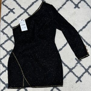 Zara Black One-Shoulder Dress with Gold Trim